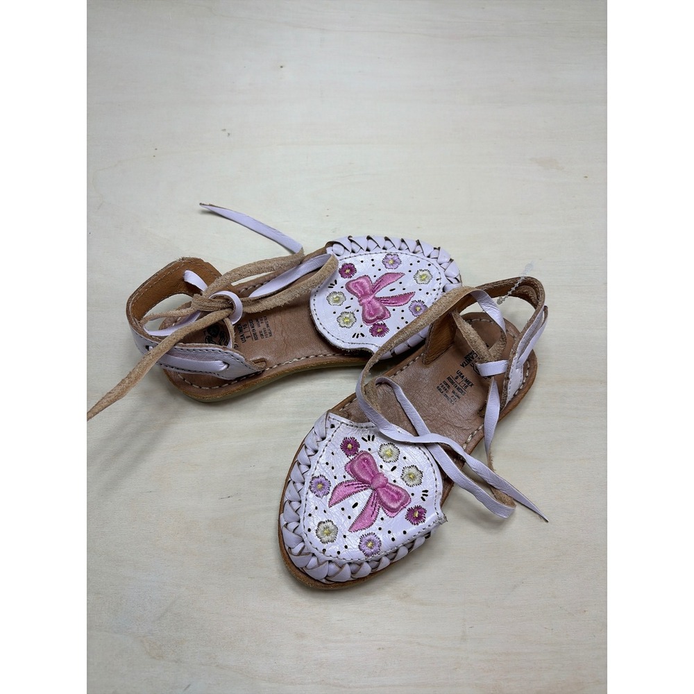 Mexicanita Handmade Toddler Girls Huarache Sandals White Leather Floral Bow Sz 9